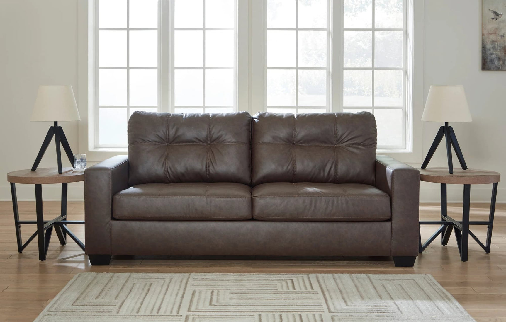 Fin Brown faux leather queen sleeper sofa, front angle