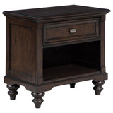 Andover dark oak nightstand front view with drawer and open cubby