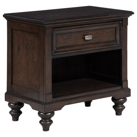 Andover dark oak nightstand front view with drawer and open cubby
