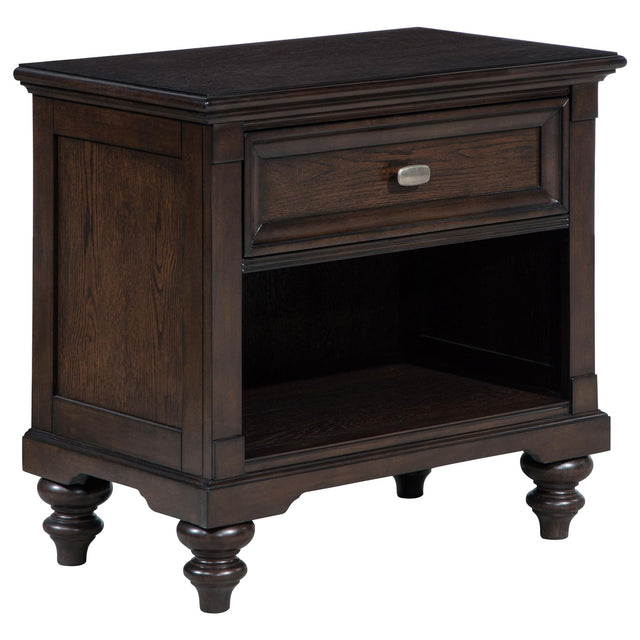 Andover dark oak nightstand front view with drawer and open cubby