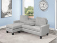 Gray reversible sectional sofa set up in living room angle showing drop-down table