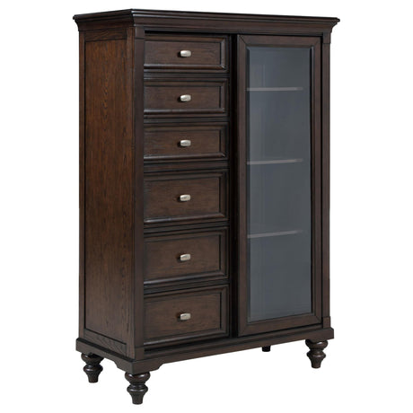 Front view of Andover 6-drawer chest with tempered glass door in dark oak