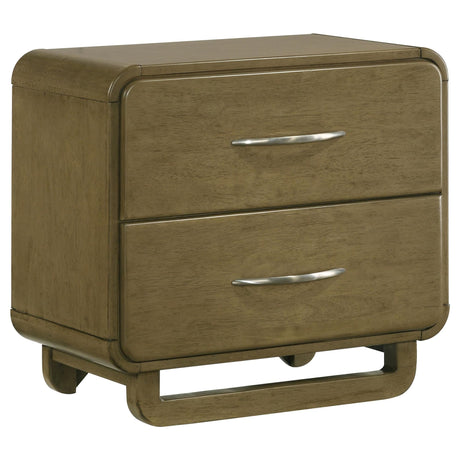 Amsbury 2-drawer nightstand in nutmeg finish, front angle view
