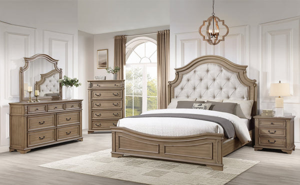 Boila Brown Upholstered King Bed with brown fabric headboard front view