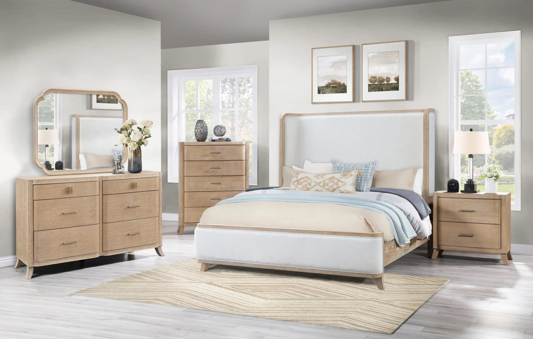 Hilla Light Brown Gray Upholstered Panel Bedroom Set with upholstered panel bed in light brown and gray, angled front view