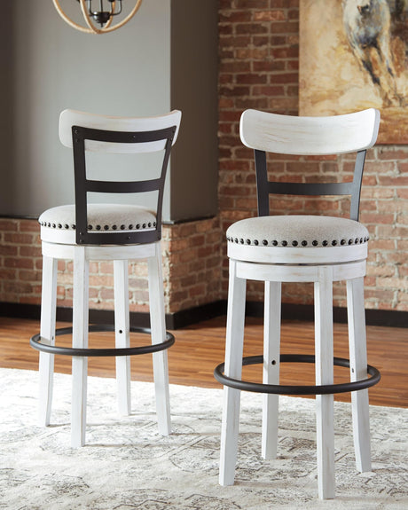 Valebeck White Bar Height Swivel Bar Stool angled view