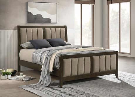 Wilkes Upholstered Eastern King Bed in dark cocoa, front view