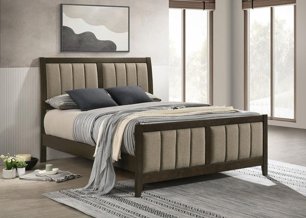 Wilkes Upholstered Eastern King Bed in dark cocoa, front view