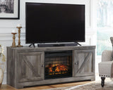 Wynnlow 63 inch gray TV stand with electric fireplace frontal view