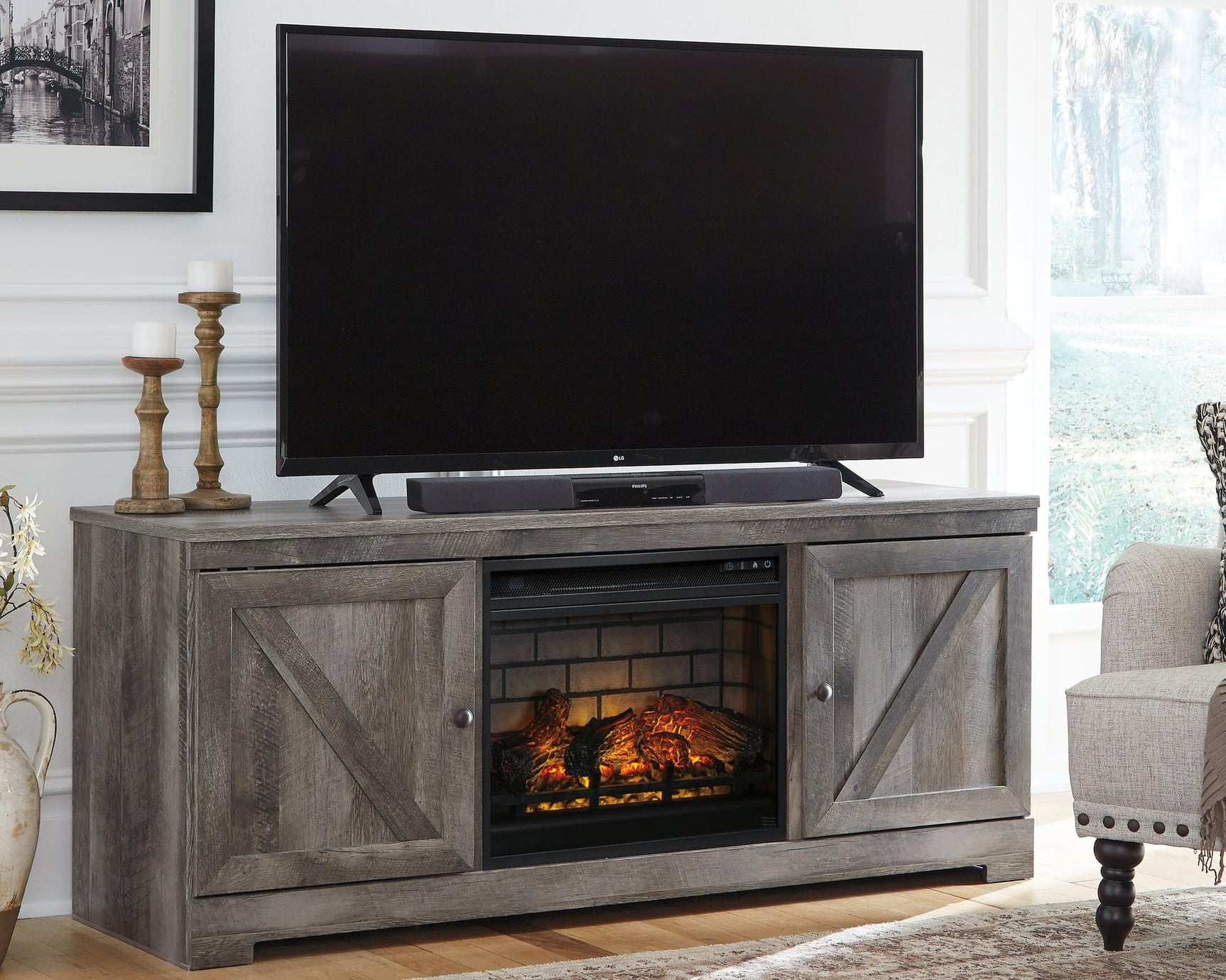 Wynnlow 63 inch gray TV stand with electric fireplace frontal view