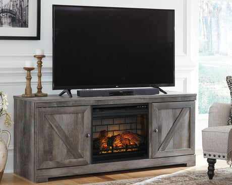 Wynnlow 63 inch gray TV stand with electric fireplace frontal view