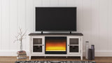 Dorrinson Two-Tone 60" TV Stand with Electric Fireplace front angle showing glass inset doors