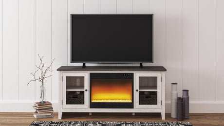 Dorrinson Two-Tone 60" TV Stand with Electric Fireplace front angle showing glass inset doors