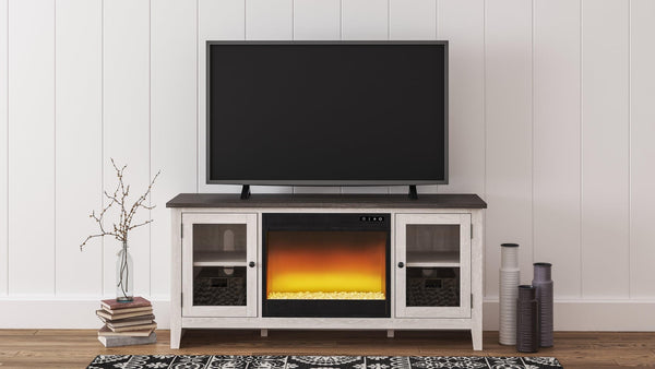 Dorrinson Two-Tone 60" TV Stand with Electric Fireplace front angle showing glass inset doors