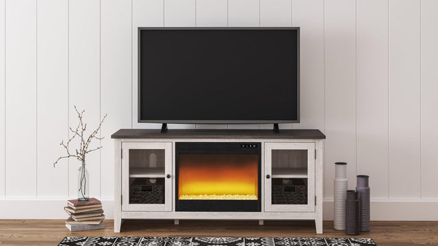 Dorrinson Two-Tone 60" TV Stand with Electric Fireplace front angle showing glass inset doors