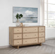 Kailani 9-drawer dresser cabinet in beige oak finish showing front angle
