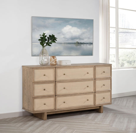 Kailani 9-drawer dresser cabinet in beige oak finish showing front angle