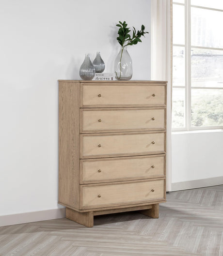 Kailani 5-drawer bedroom chest in beige oak finish front view
