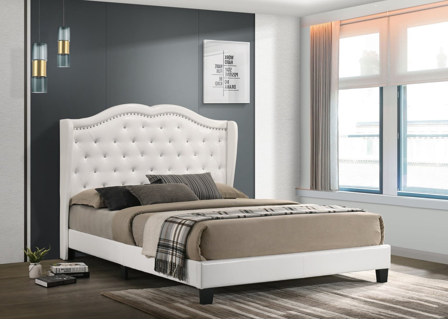 Paradise white faux leather tufted platform queen bed with silver nailhead trim, front view