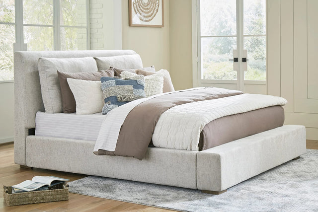 Jully Oatmeal Upholstered Platform Queen Bed front view