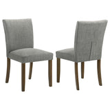 Cantley grey upholstered dining side chair front angle showing seat and legs