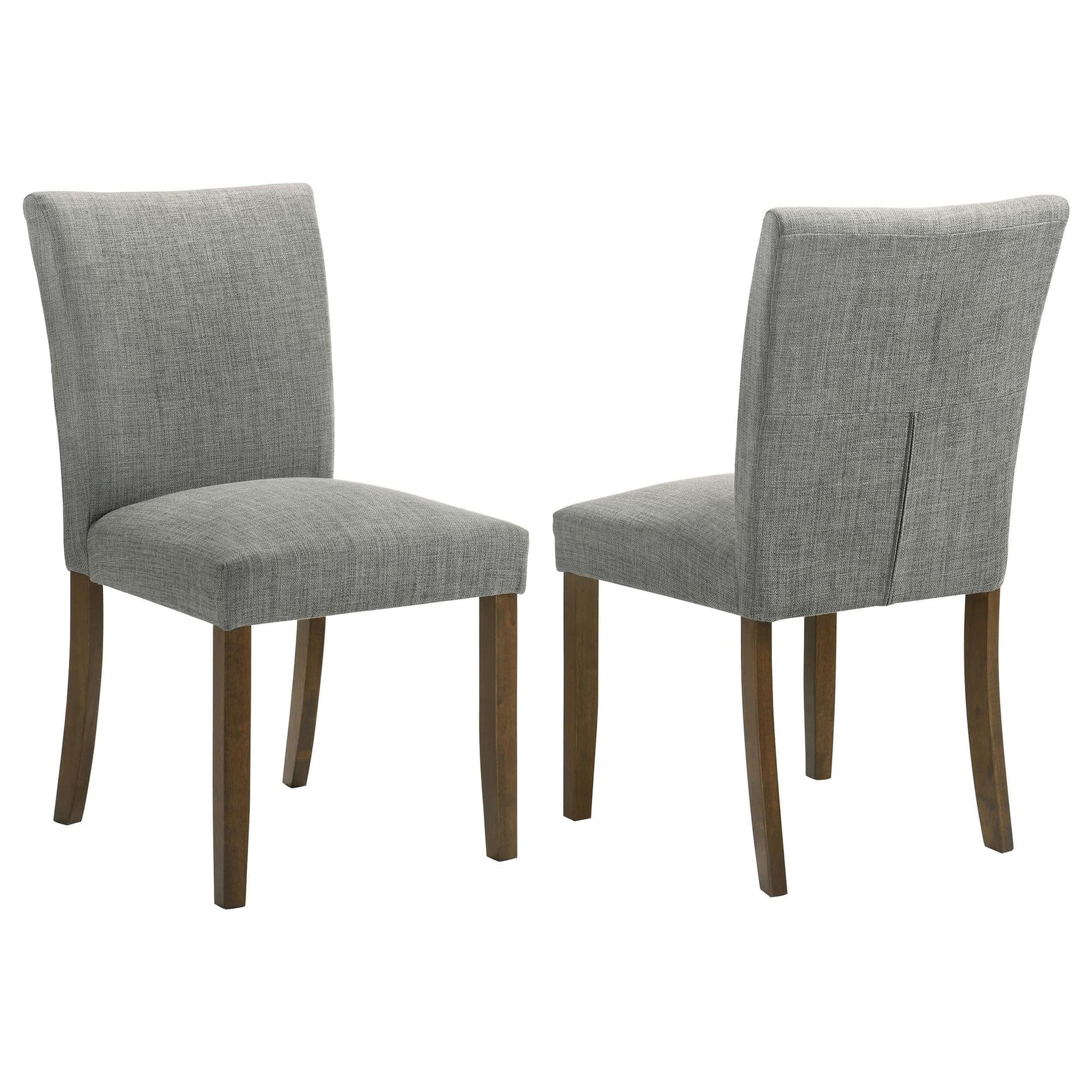 Cantley grey upholstered dining side chair front angle showing seat and legs