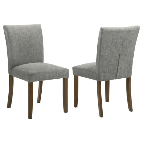 Cantley grey upholstered dining side chair front angle showing seat and legs