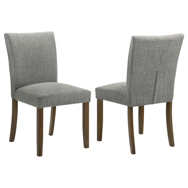 Cantley grey upholstered dining side chair front angle showing seat and legs
