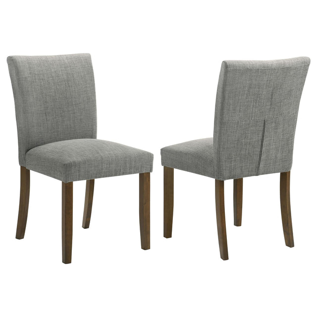 Cantley grey upholstered dining side chair front angle showing seat and legs