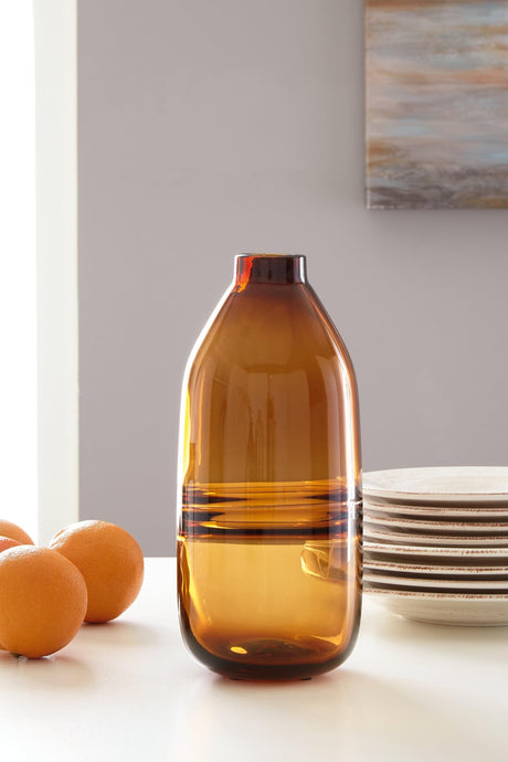 Lemmitt Amber Vase front view showing round shape and amber glass