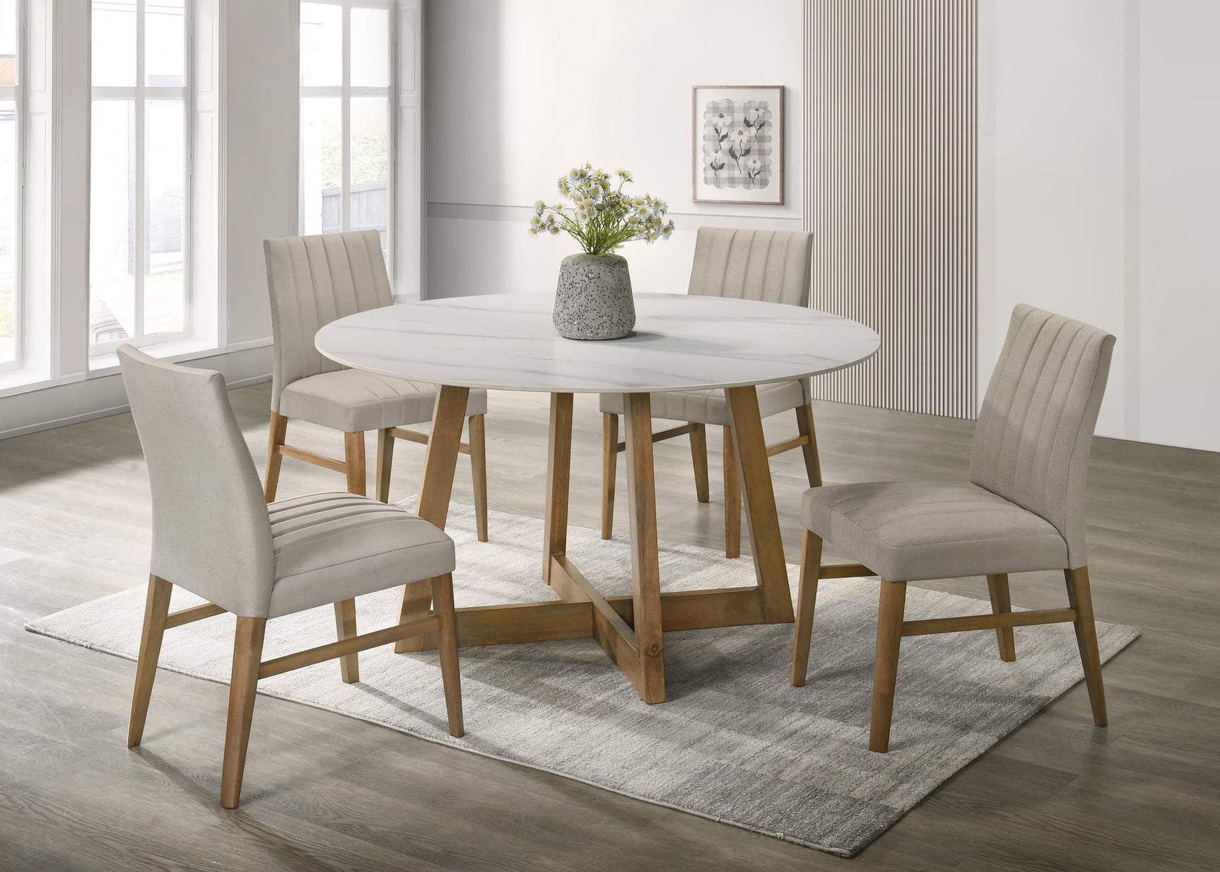 Enzo Light Oak Dining Table with ceramic tabletop and four chairs from front