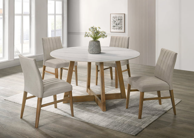 Enzo Light Oak Dining Table with ceramic tabletop and four chairs from front