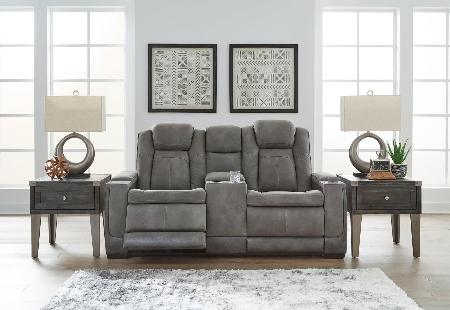 Next-Gen DuraPella Slate Faux Leather Power Reclining Loveseat with Console angled view