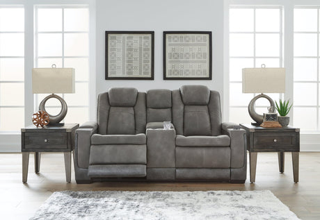 Next-Gen DuraPella Slate Faux Leather Power Reclining Loveseat with Console angled view