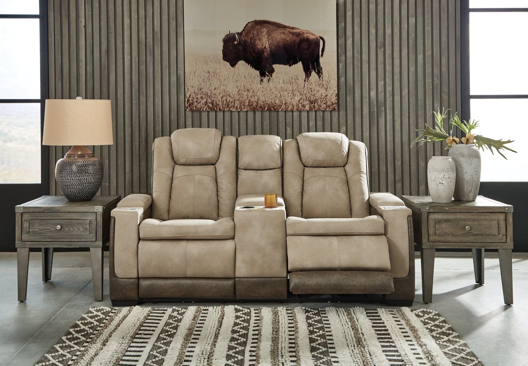 Next-Gen DuraPella Sand Faux Leather Power Reclining Loveseat with Console front angle