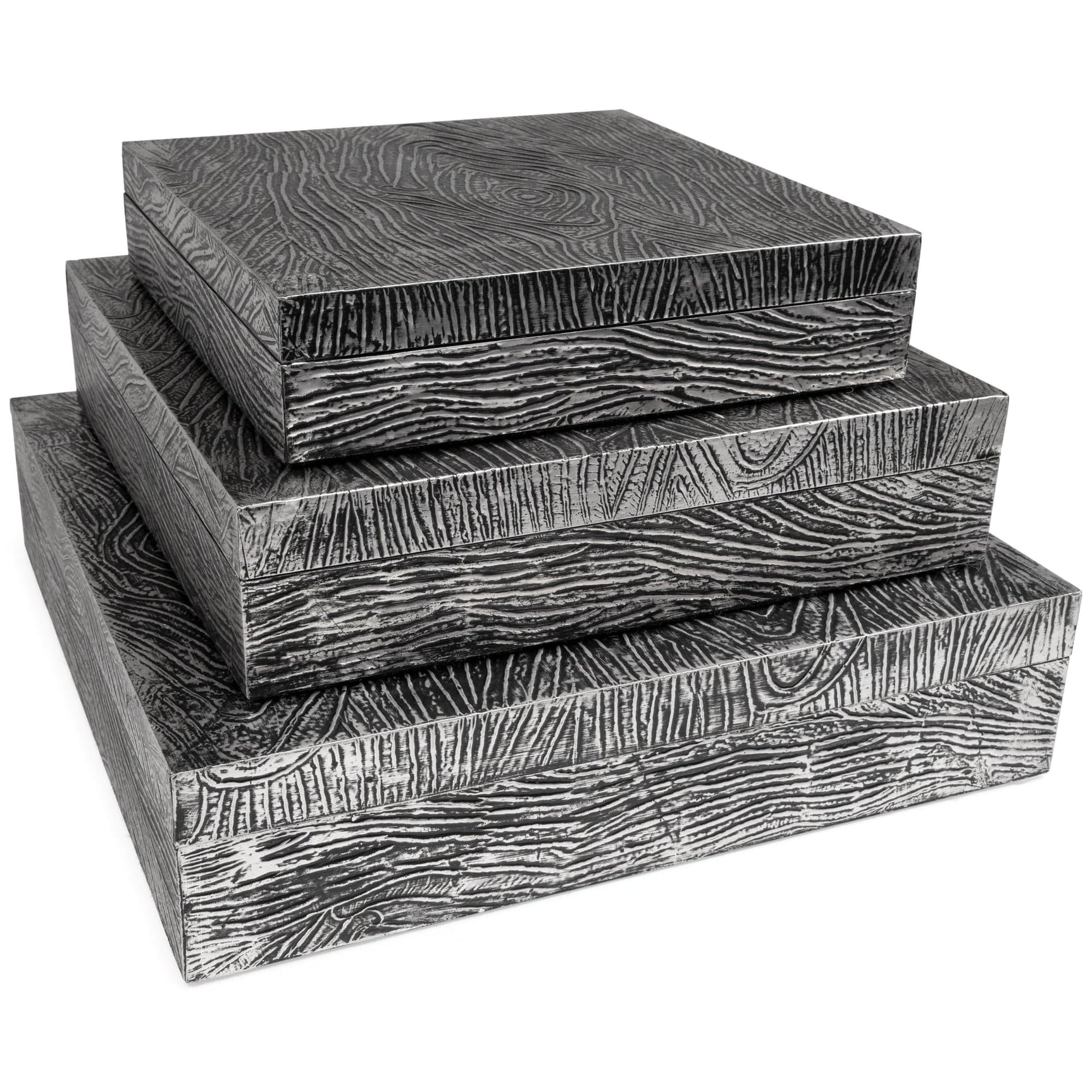 Keldy set of 3 antique pewter finish decorative boxes, front angle