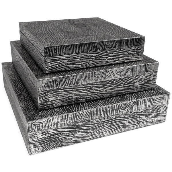 Keldy set of 3 antique pewter finish decorative boxes, front angle