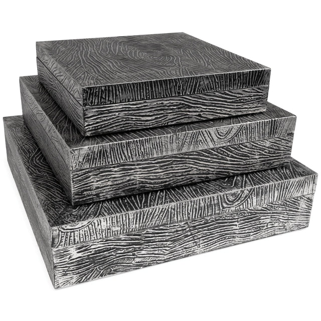 Keldy set of 3 antique pewter finish decorative boxes, front angle