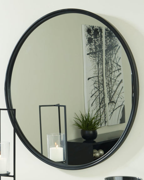 Brocky Black Accent Mirror front view showing round black metal frame