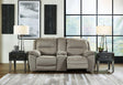 Next-Gen Gaucho putty microfiber reclining loveseat front view with console closed