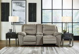 Next-Gen Gaucho putty microfiber reclining loveseat front view with console closed