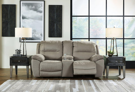 Next-Gen Gaucho putty microfiber reclining loveseat front view with console closed