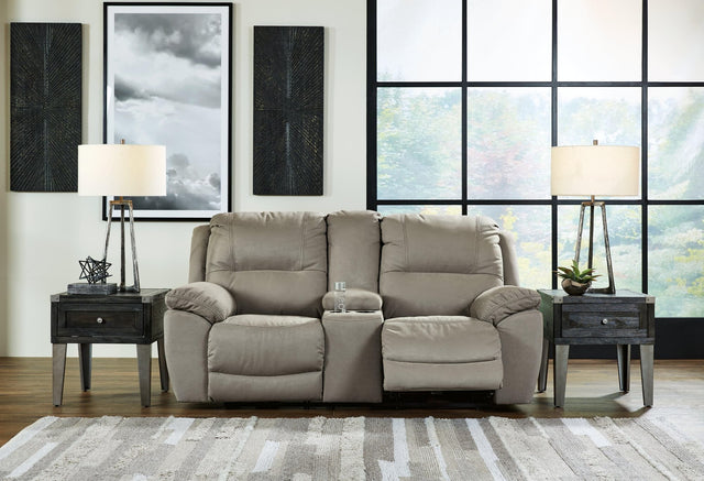 Next-Gen Gaucho putty microfiber reclining loveseat front view with console closed