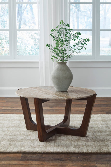 Tanidore warm brown mango wood cocktail table with square marble top