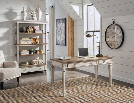 Realyn white and brown office desk angled front view