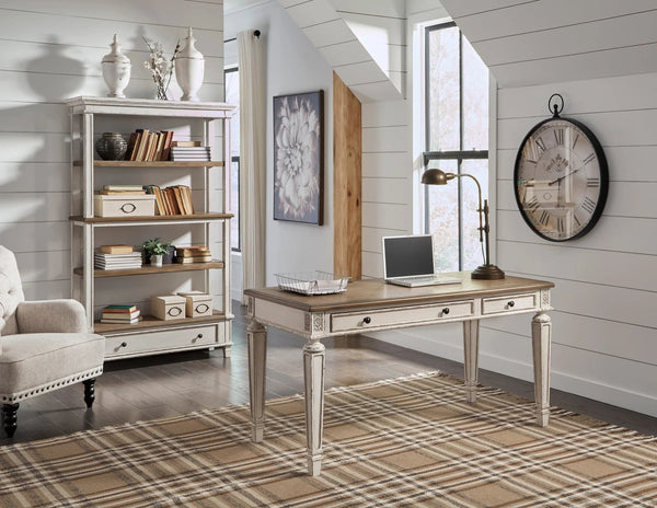 Realyn white and brown office desk angled front view