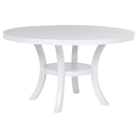 Judd 54-inch round pearl white dining table with storage shelf - front view