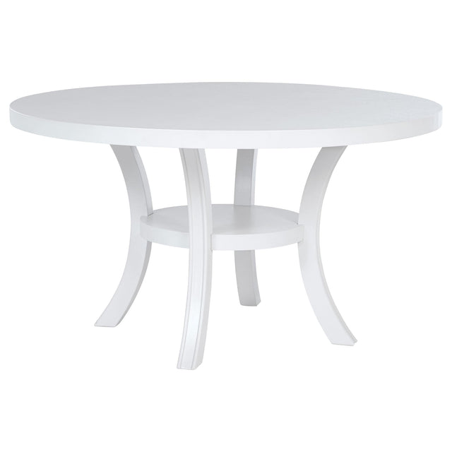 Judd 54-inch round pearl white dining table with storage shelf - front view
