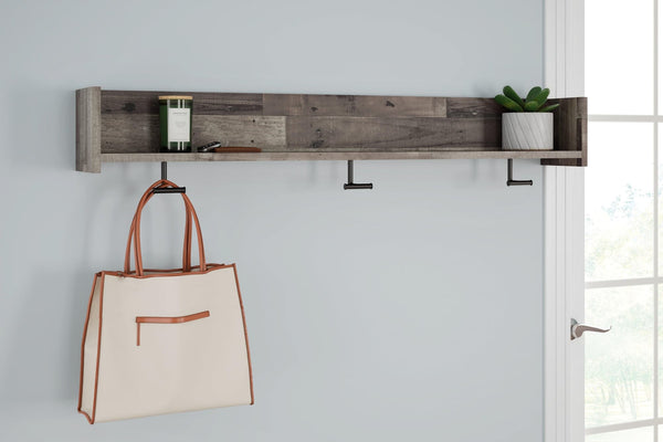 Neilsville multi gray wall mounted coat rack front view with shelf and hooks