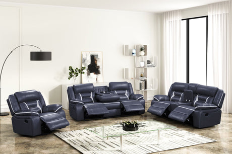 Luka blue oversized reclining sofa with drop-down table and cupholders